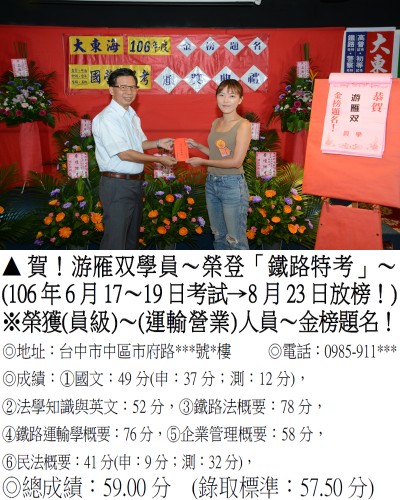 106年鐵路特考-游雁双(禮金)