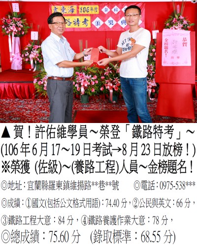 106年鐵路特考-許佑(禮金)